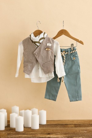 Βαπτιστικό ρούχο αγόρι με καφέ γιλέκο και μέντα παντελόνι