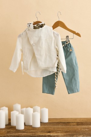 Βαπτιστικό ρούχο αγόρι με εκρού λινό γιλέκο και μέντα παντελόνι
