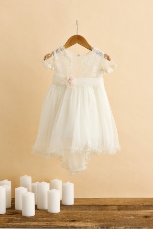 Βαπτιστικό φόρεμα εκρού πουά με διαφανές ντεκολτέ 