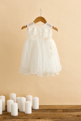 Βαπτιστικό φόρεμα εκρού με φτερά και ψιλό πουά τούλι 