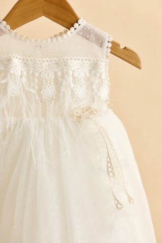 Βαπτιστικό φόρεμα εκρού με φτερά και ψιλό πουά τούλι 