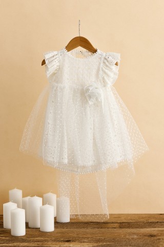 Λευκό βαπτιστικό φόρεμα πουά και δαντέλα με τετράγωνα