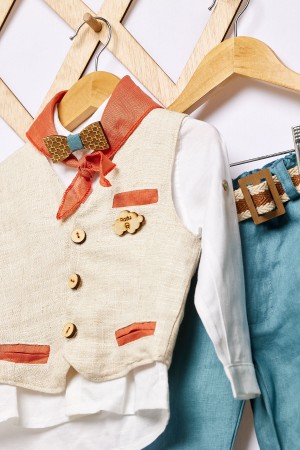 Βαπτιστικό σύνολο αγόρι ταμπά με πετρόλ λινό ύφασμα