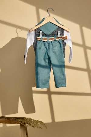 Βαπτιστικό σύνολο αγόρι με πετρόλ λινό ύφασμα και μπλε γιλέκο ψαροκόκκαλο