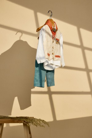 Βαπτιστικό σύνολο αγόρι ταμπά με πετρόλ λινό ύφασμα