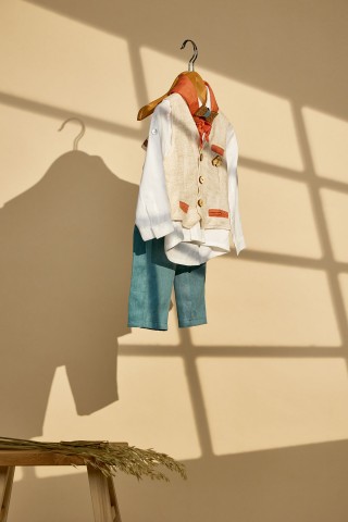 Βαπτιστικό σύνολο αγόρι ταμπά με πετρόλ λινό ύφασμα