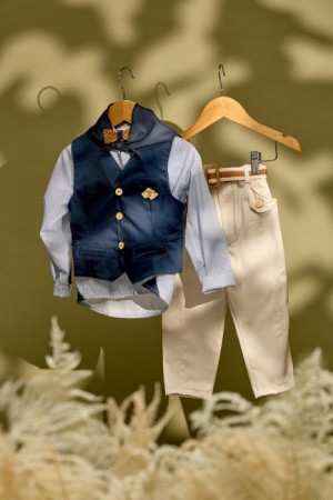 Βαπτιστικό σύνολο αγόρι με ριγιέ πουκάμισο και μπεζ ανοιχτό παντελόνι