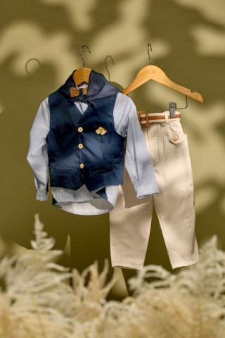 Βαπτιστικό σύνολο αγόρι με ριγιέ πουκάμισο και μπεζ ανοιχτό παντελόνι