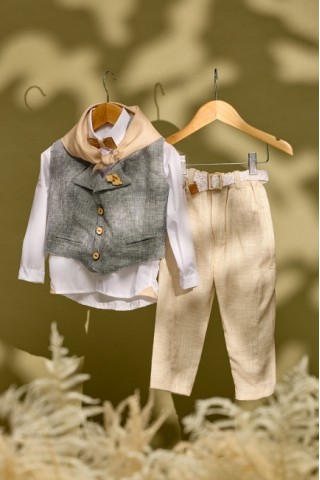 Βαπτιστικό σύνολο με λινό εκρού παντελόνι και γιλέκο ψάθα με πέτο