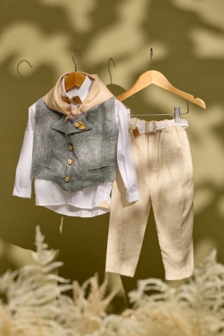 Βαπτιστικό σύνολο με λινό εκρού παντελόνι και γιλέκο ψάθα με πέτο