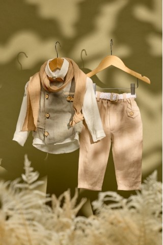 Βαπτιστικό σύνολο μπεζ λινό παντελόνι με χακί γιλέκο