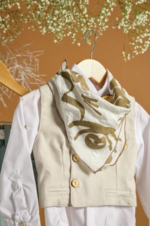 Βαπτιστικό σύνολο αγόρι με μέντα παντελόνι και γκρι-μπεζ γιλέκο με τριγωνικό φουλάρι