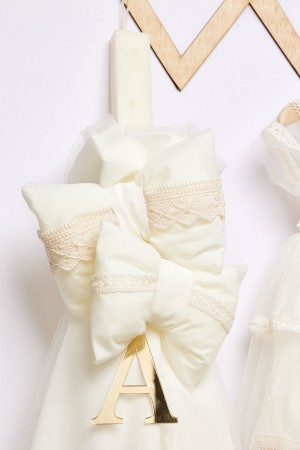 Εκρού λαμπάδα πλακέ με δύο φιόγκους και πλεκτή γκιπουρ εκρού δαντέλα