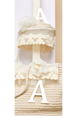 Εκρού λαμπάδα πλακέ με εκρού κορδόνι και δαντέλα ''σταφυλλάκι''