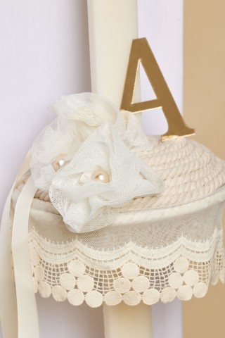 Εκρού λαμπάδα πλακέ με εκρού κορδόνι και δαντέλα ''σταφυλλάκι''