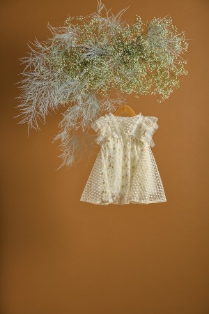 Βαπτιστικό φόρεμα εκρού τουνίκ με λουλουδάκια και ρόμβους