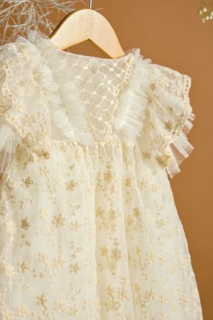 Βαπτιστικό φόρεμα εκρού τουνίκ με λουλουδάκια και ρόμβους