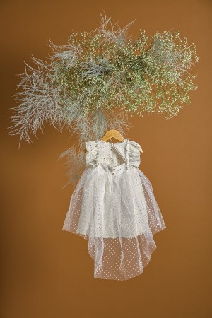 Λευκό βαπτιστικό φόρεμα πουά και δαντέλα με τετράγωνα