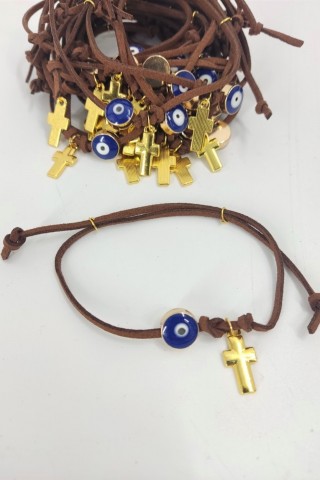 Μαρτυρικό βραχιολάκι καφέ για αγόρι με ματάκι και σταυρό