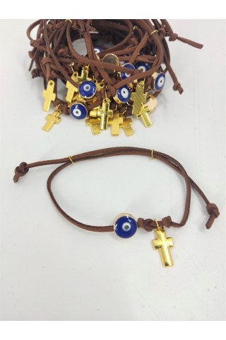Μαρτυρικό βραχιολάκι καφέ για αγόρι με ματάκι και σταυρό